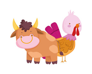 Obraz na płótnie Canvas bull and turkey farm animal cartoon