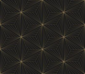 Seamless star pattern. Dark and gold texture. Repeating geometric background. Striped hexagonal grid. Linear graphic design