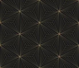 Wall murals Black and Gold Seamless star pattern. Dark and gold texture. Repeating geometric background. Striped hexagonal grid. Linear graphic design