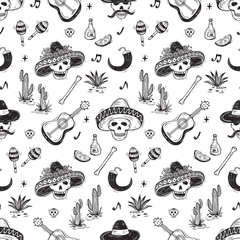 Mexico Vector Seamless Pattern. Dia de los Muertos Day of the Dead. Background with Mexican Holiday Symbols: Mexican Skulls, Food, Pan de Muerto, Sugar Skulls, Marigold Flowers, Guitar, Cactus