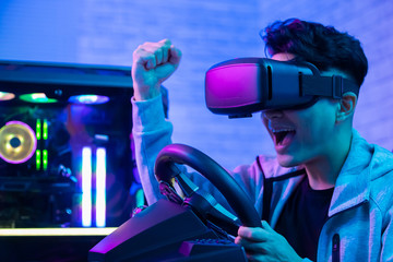 cybersport gamer play car racing