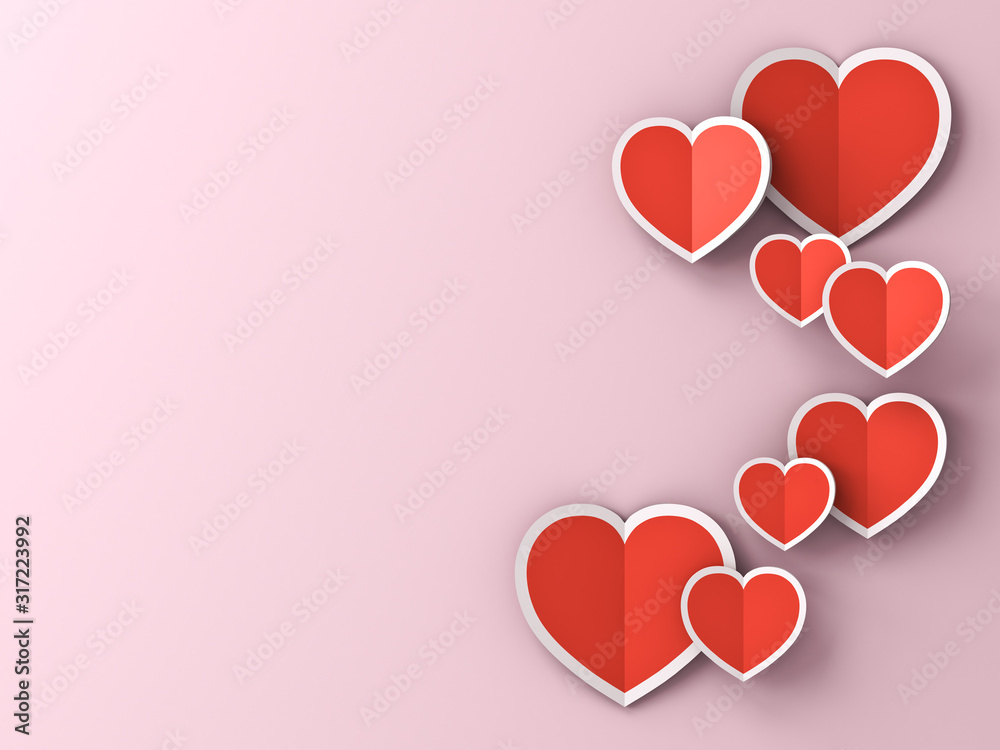 Poster red paper hearts on pink pastel color background with shadows for happy valentine's day 3d rendering