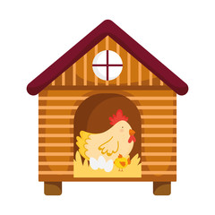 hen chicken and eggs in wooden house farm animal cartoon © Stockgiu