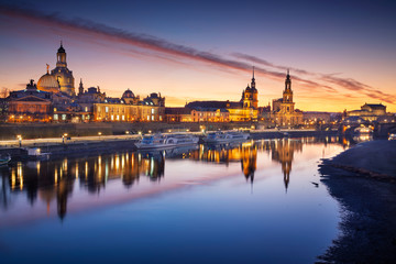Fototapeta na wymiar Dresden, Germany. Image of Dresden, Germany with the Dresden Frauenkirche and Dresden Cathedral during beautiful sunset.