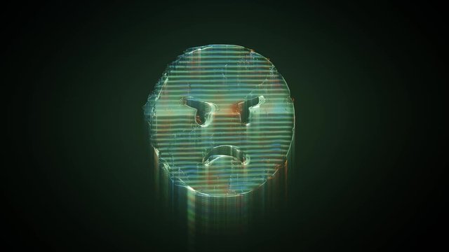 3d rendering glowing hologram of circle angry emoticon distorted glitch green old tv screen on black background