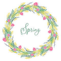 A beautiful spring wreath with flowers and leaves. There are tulips, mimosa,  narcissus and willow twigs. Hand drawn vector illustration isolated on white background. Border design, round form.