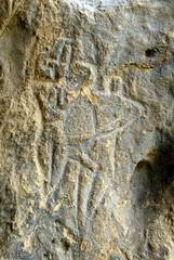Naked man and woman. Prehistoric Petroglyphs (rock painting) are included in UNESCO World Heritage List. Gobustan National Park, Azerbaijan, Caucasus.