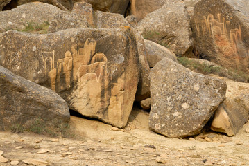 Goats. Prehistoric Petroglyphs (rock painting) are included in UNESCO World Heritage List. Gobustan National Park, Azerbaijan, Caucasus.