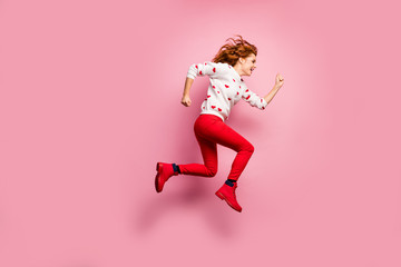 Fototapeta na wymiar Full length body size view of nice attractive cheerful cheery foxy ginger wavy-haired girl running fast active lifestyle sporty regime gift delivery isolated on pink pastel color background