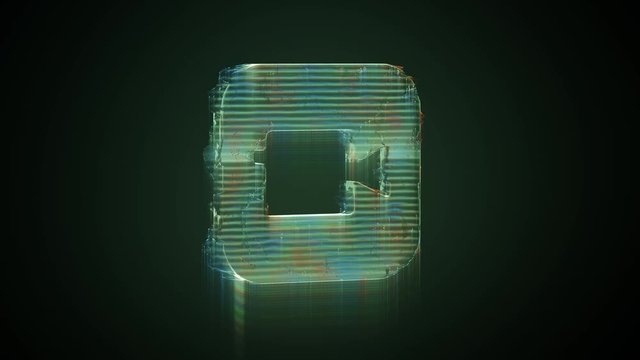 3d rendering glowing hologram of icon of camera app on iOS style distorted glitch green old tv screen on black background