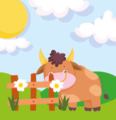 Obraz na płótnie Canvas bull flower wooden fence sun farm animal cartoon