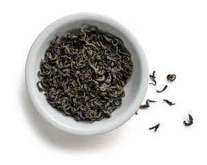 Green tea on a white background. The view from the top