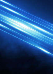 Empty background scene. Spotlight light reflection on asphalt. Rays of neon light in the dark, neon shapes, smoke. Background of an empty stage show. Abstract blue dark background.