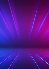 Abstract dark background with blue and pink neon glow. Neon luminous figure in the center of the stage.