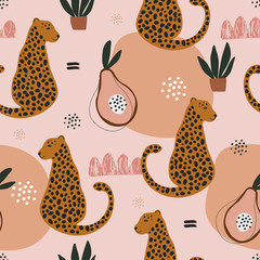 Naadloze patroon met tropische dieren cheetah, luipaard en jungle bladeren en palmen. Abstracte digitale papier achtergrond voor stof, textiel, inwikkeling.