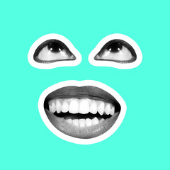 Collage in magazine style on bright blue background. Female lips and eyes forming face black and white colored with contour. Modern design, creative artwork, style and human emotions concept. Look up.