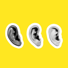 Rumor has it. Collage in magazine style on bright yellow background. Human ears listening black and white colored with contour. Modern design, creative artwork, style, human emotions concept.