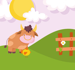 Obraz na płótnie Canvas bull and chicken wooden fence flower hills sun farm animal cartoon