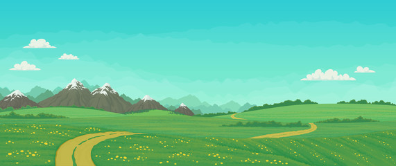 Summer landscape with rural road running through green meadows with wildflowers and trees, snowy mountains with blue sky and clouds in the background. Cartoon vector illustration, banner.