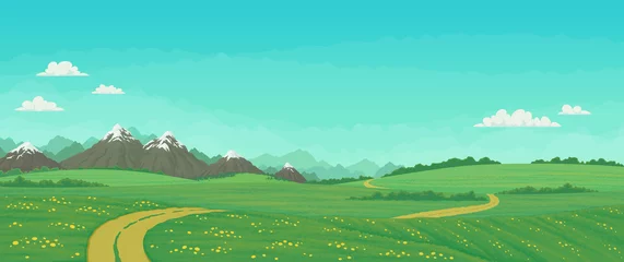 Fototapeten Türkis Summer landscape with rural road running through green meadows with wildflowers and trees, snowy mountains with blue sky and clouds in the background. Cartoon vector illustration, banner.  © Tatiana Zhzhenova