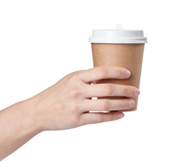 Hand holding a paper cup of coffee isolated on white background.
