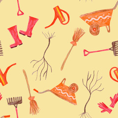 Watercolor set garden tools,  wheelbarrow,  gloves, watering can, red boots, tree, raker, broom. Spring autumn illustration, for seamless pattern, wallpaper, background and textile. 