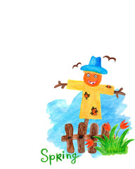 Watercolor garden scarecrow, birds, fence, tulips and grass. Spring illustration, for background and postcard, greeting card