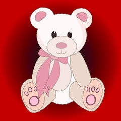 Teddy bear toy for a gift to children, birthday, Valentine's Day, mother's day. Isolated image on a red gradient background. Vector picture. 