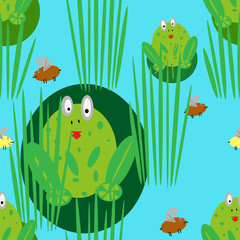 Fototapeta premium Green frogs on the water, flies, for seamless pattern, fabric, children's wallpaper and holidays, paper, postcard, blue background
