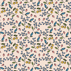 Seamless pattern with colorful hand drawn berries on a beige background. It can be used for decoration of textile, paper and other surfaces.	