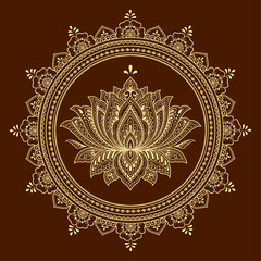 Circular pattern in form of mandala with lotus flower for Henna, Mehndi, tattoo, decoration. Decorative ornament in ethnic oriental style. Outline doodle hand draw vector illustration.