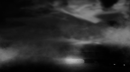 Night futuristic landscape, cold night, smog, trees in the fog. Reflection of the light.