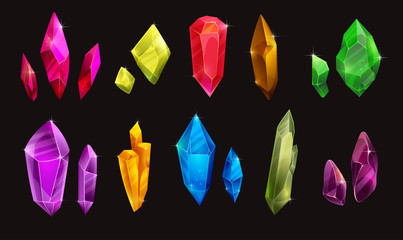 Set of different colorful crystals. Beautiful sparkling shiny gemstones.