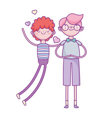 happy valentines day, young men celebrating hearts love cartoon