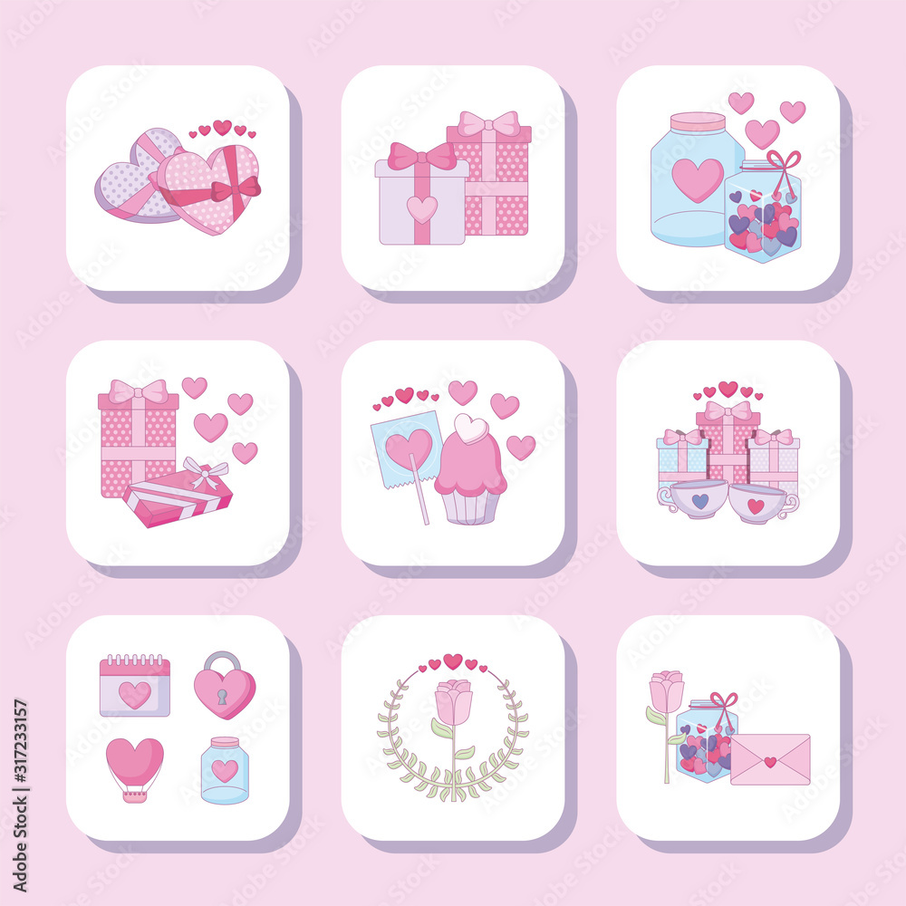 Wall mural love and happy valentines day icon set vector design