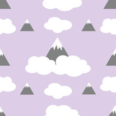 Seamless pattern with mountains, snow peaks and white clouds. Travel Cartoon vector illustration with snowy mountain peaks. Fashion design for baby kid bedroom. Abstract nature background.