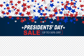 Presidents day sale background overlay. American flag colors blue, red, and white stars. Vector illustration.