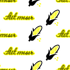 Seamless pattern with yellow corncobs. Ripe corn vegetables. Cool background for restaurant fast food cafe vector illustration.