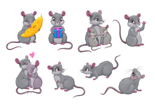 Cute gray mouse icon. Little cartoon mice set. Funny rats.