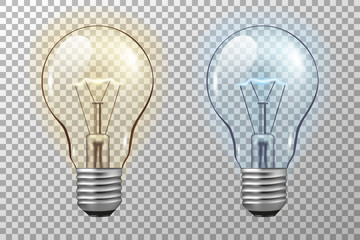 Realistic light bulb. Glowing yellow and blue filament lamps. Vector 3D light bulbs set on transparent background. template creativity idea business innovation - obrazy, fototapety, plakaty