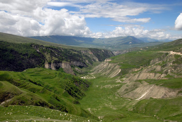 Naklejka premium Mountainous landscape. Outskirts of Khoy village and Kazenoyam lake. Chechnya (Chechen Republic), Russia, Caucasus.