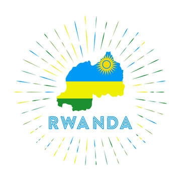 Rwanda sunburst badge. The country sign with a map of Rwanda with the Rwandan flag. Colorful rays around the logo. Vector illustration.