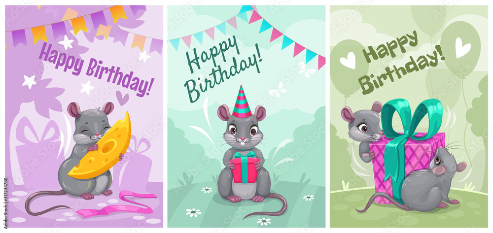 Sticker Happy birthday, cute vector greeting cards with funny cartoon mice. Holiday posters set.