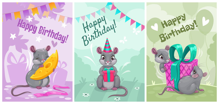 Happy birthday, cute vector greeting cards with funny cartoon mice. Holiday posters set.