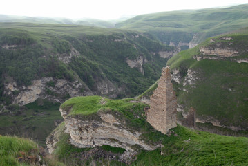 Ruins of medieval fortress. Outskirts of Makazhoy village, Chechnya (Chechen Republic), Russia, Caucasus.