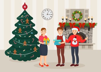 Christmas and New Year holiday celebration with gifts in happy family vector illustration. People woman, man, boy stand in decorated interior of room with Christmas tree, fireplace, wreath, candles.