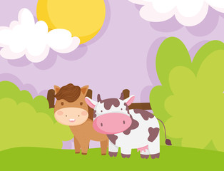 horse and cow wooden fence greenery farm animal cartoon