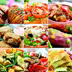 An assortment of vegetarian and vegan food. Collage of tasty food, closeup. Noodles, vegetables,...