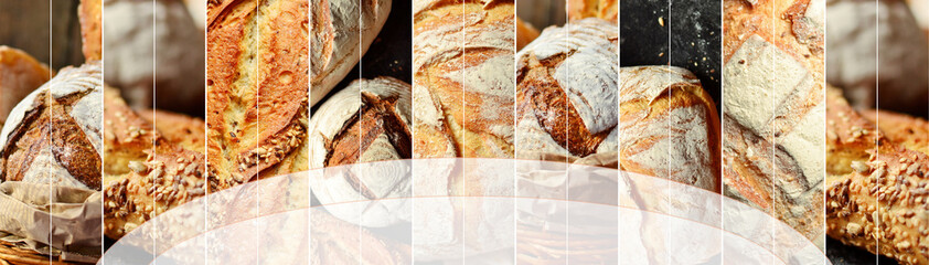 Assortment of bread. Bakery products. Various bread with a beautiful crisp. Food collage. Plase for...
