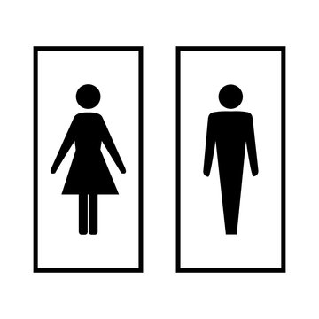 Black silhouette men and women icon in white rectangle. Sign restroom women and men. Icon public toilette and bathroom for hygiene. Template for poster, sign. Flat vector image. Vector illustration.